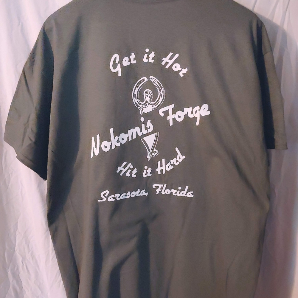 Gilden Grey t-shirt with Nokomis Forge; blacksmith